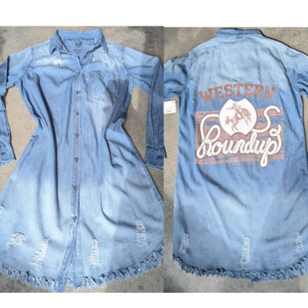 Bohemian Cowgirl Distressed Fringe Denim Dress Size Medium Western Roundup